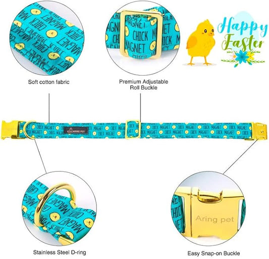 ARING PET Easter Dog Collar with Bow, Cute Adjustable Blue Chick Bowtie Pet Collars with Metal Buckle for Puppy Small Medium Large Boy Girl Dogs-S