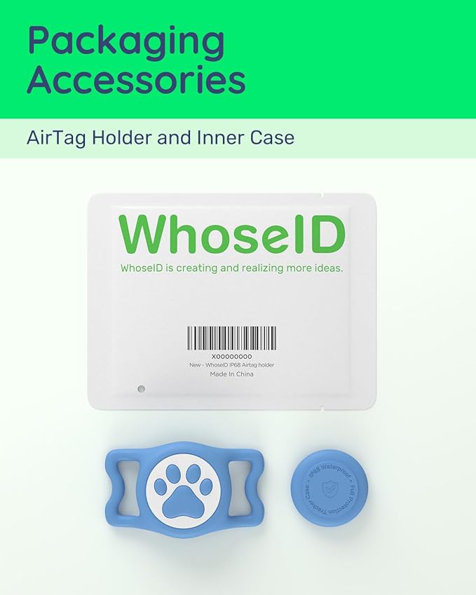 WhoseID IP68 Waterpoof Dog Airtag Holder, Stretchy Silicone Full Body Covered Apple Air Tag Holder for Dog Cat Collar Fit All Width Collar (Blue, 1 Pack)