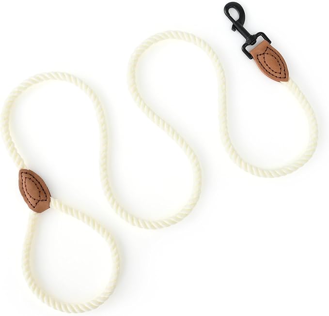 Mile High Life Dog Leash, Braided Cotton Rope Leashes with Leather Tailor Tip with Leather Tip - Heavy Duty Metal Clasp, 4FT, 1/2" Thick - Wedding, Walking Leash for Medium Large Dogs(Cream White)