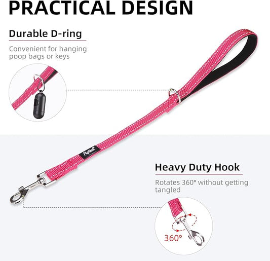 PUPTECK Reflective Dog Leash with Comfortable Padded Handle Durable Nylon Dog Lead for Small Medium and Large Dogs Cats Walking Running Training Outside, Hot Pink