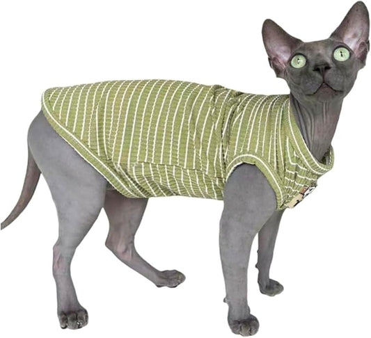 Sphynx Cat Clothes Vest for Hairless Cat, Rib Knit Stripe Cats T-Shirt Apparel, Kitten Summer Cotton Shirts Sleeveless for Cornish Rex, Devon Rex, Peterbald (Green, M (5.5-7.2 lbs))