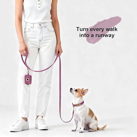 Didog Stylish PU Leather Dog Leash for Small Dogs, Easy to Clean 5ft Small Dog Leash with Metal Tangle-Free Clip, Fashionable and Elegant for Walking, Running and Training,Purple, S
