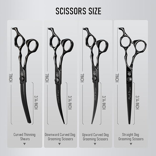 Purple Dragon Dog Grooming Scissors Set - Curved Thinning, Straight, Up & Down Curved Scissors and Comb, 7 Inch Black Shears with Adjustable Screw for Dogs and Cats