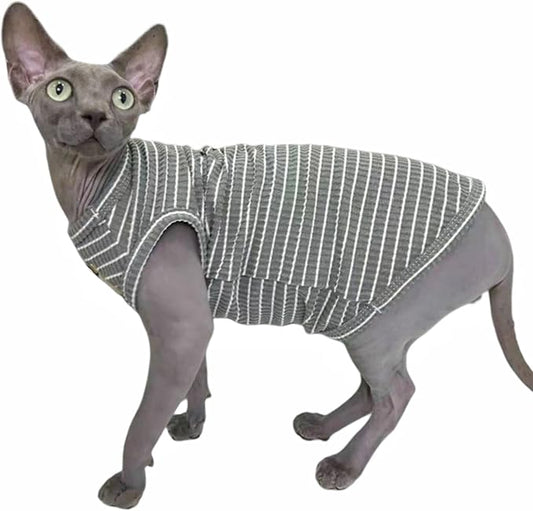 Sphynx Cat Clothes Vest for Hairless Cat, Rib Knit Stripe Cats T-Shirt Apparel, Kitten Summer Cotton Shirts Sleeveless for Cornish Rex, Devon Rex, Peterbald (Grey, M (5.5-7.2 lbs))