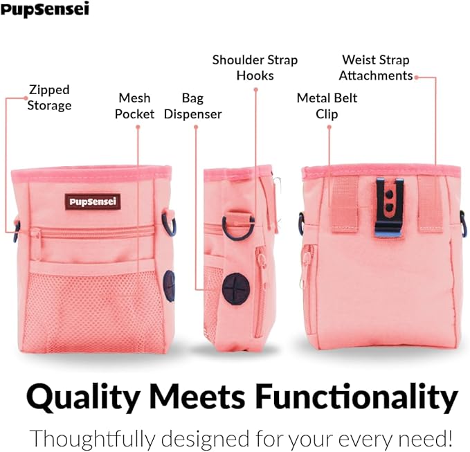 PupSensei Dog Treat Pouch for Training – Magnetic Dog Treat Bag with Belt Clip & Poop Bag Dispenser – Hands Free Carry Pouch with Auto-Close Access & Shoulder Strap – Durable Pet Gear –Light Pink