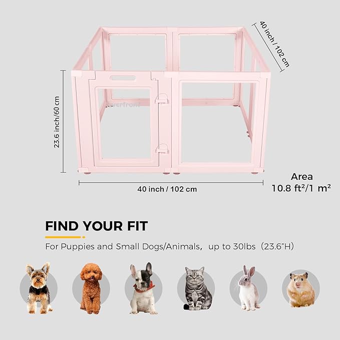 EVERFRONT Clear Acrylic Plastic Dog Playpen - Clear Dog Play Pen - Easy Assemble Acrylic Dog Playpen - Puppy Playpen, Cat Playpen, Small Animal Playpen, Dog Play Pen Indoors (Pink-23.6" H, 8PCS)