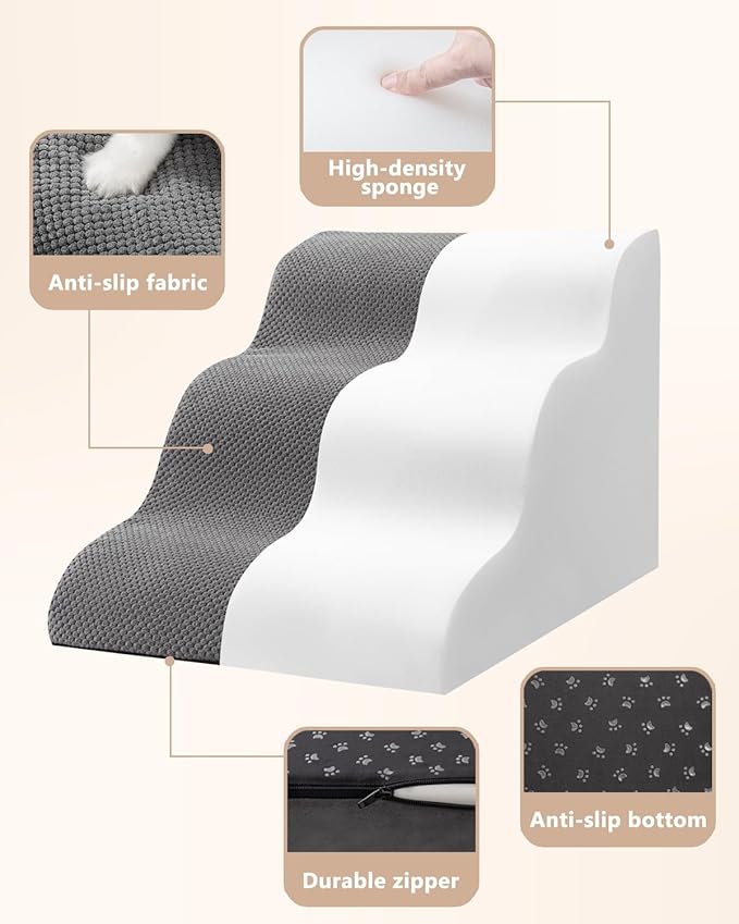 Aodisman Dog Stairs for Small Dogs,3 Step Dog Ramp for Couch and Bed,Pet Stairs with Non-Slip Bottom for Old Cats,Indoor Pet Steps,Comfort,Durable,15.4" H,Grey