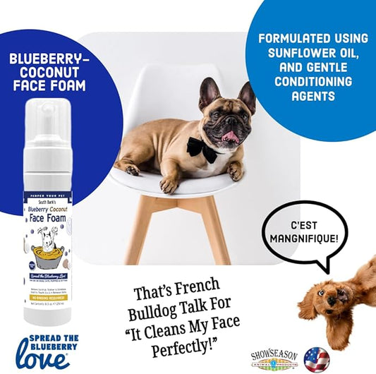 Showseason Blueberry-Coconut Pet Face Foam Cleanser for Dogs and Cats 8.5 oz. | No Rinsing Required, Easy Cleaning, Biodegradable and Non-Toxic, Made in The USA