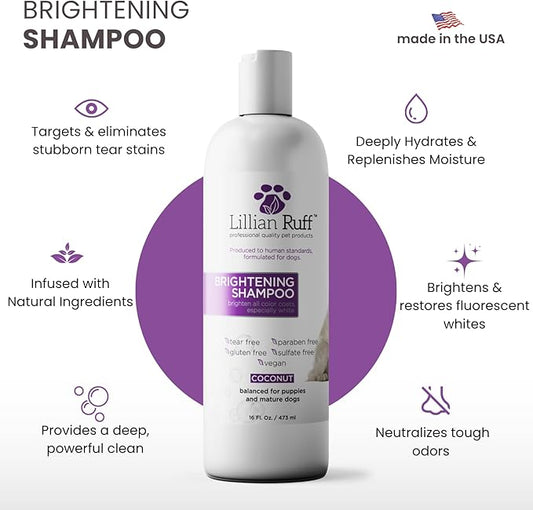 Lillian Ruff PRO Formula Ultra Brightening Dog Shampoo - Professional Whitening & Long-Lasting Odor Eliminator, Remove Stains & Discoloration, Dry Skin & Itch Relief - Aloe & Provitamin B5 16oz+Brush