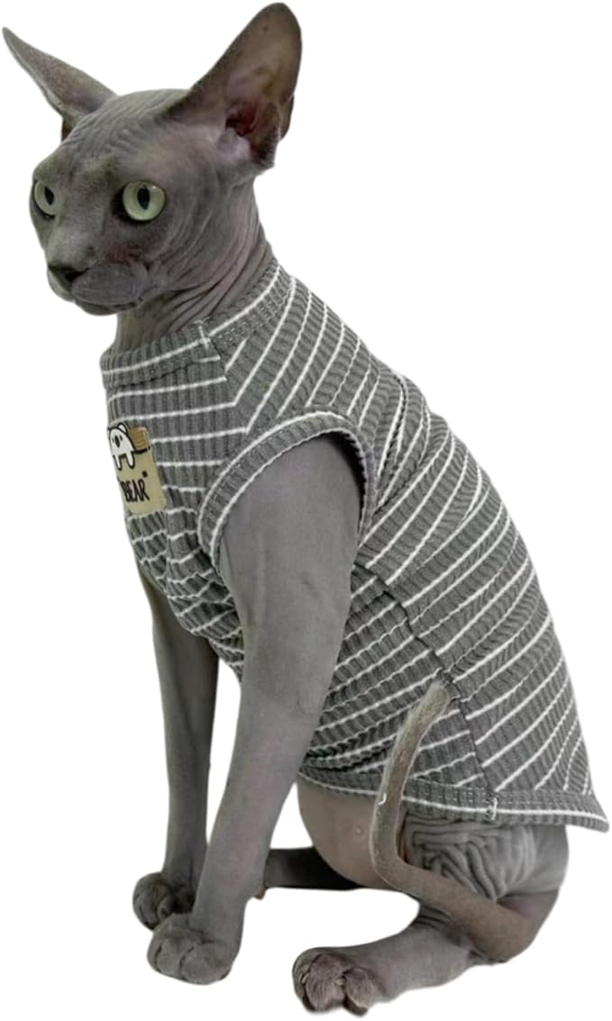 Sphynx Cat Clothes Vest for Hairless Cat, Rib Knit Stripe Cats T-Shirt Apparel, Kitten Summer Cotton Shirts Sleeveless for Cornish Rex, Devon Rex, Peterbald (Grey, M (5.5-7.2 lbs))