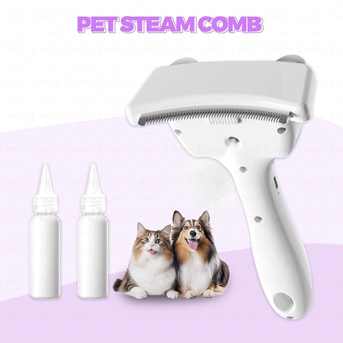 3 in-1 Cat & Dog Steam Comb for Long Short Hair for Any Size Cat & Dog Hair Removal & Shedding, Two Spray Mode with USB, Brush Haired Release Button - Include “2” Waterless Shampoo(White)