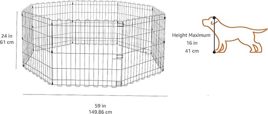 Amazon Basics Foldable Octagonal Metal Exercise Dog Playpen - Indoor/Outdoor, No Door, Extra Small (8 Panels, 24 x 24), Easy to assemble, store, and customize, 24" - Puppy, Black