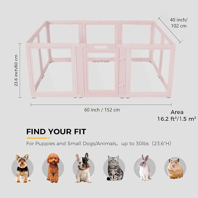 EVERFRONT Clear Acrylic Plastic Dog Playpen - Clear Dog Play Pen - Easy Assemble Acrylic Dog Playpen - Puppy Playpen, Cat Playpen, Small Animal Playpen, Dog Play Pen Indoors (Pink-23.6" H, 10PCS)