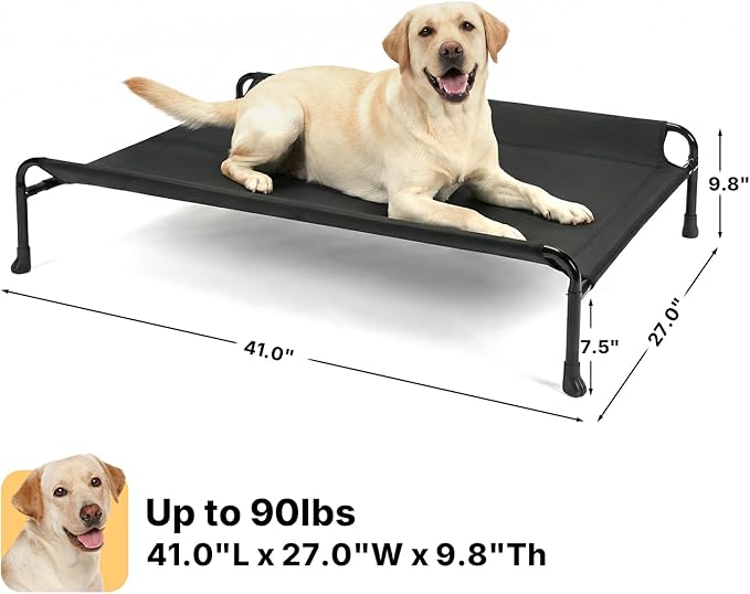Veehoo Outdoor Elevated Dog Bed with Headrest Sides, Raised Dog Beds for Large Dogs, Washable Cooling Dog Cot with Non-Skid Feet, Breathable Mesh, Pet Hammock for Indoor or Camping, 41", Black