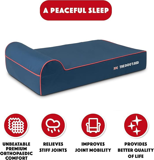 The Dog’s Bed Orthopedic Headrest Dog Bed Large Blue Oxford with Red Trim UK Flag Dog Bed, Memory Foam, Hip & Elbow Dysplasia, Post Surgery, Waterproof Washable Cover, Veterinary Approved