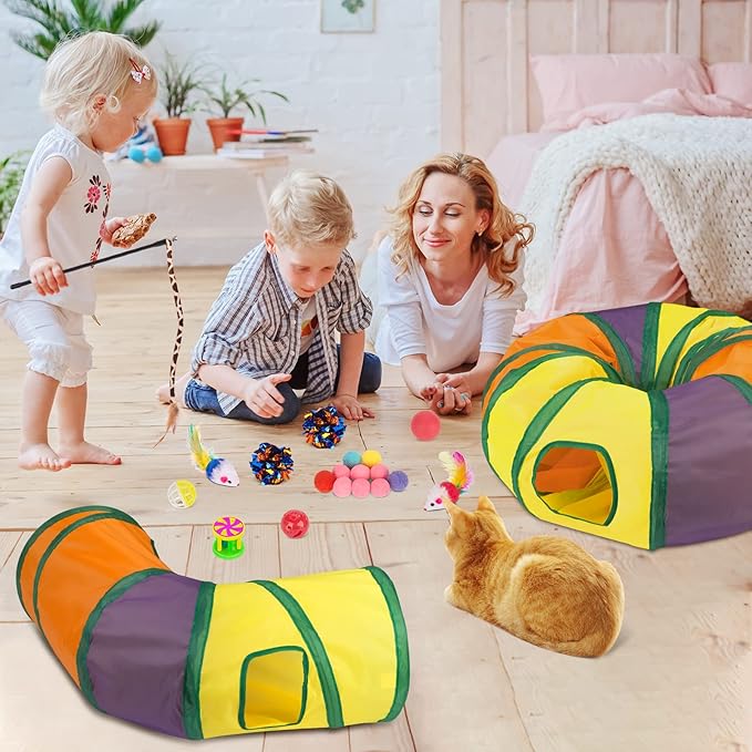 Retro Shaw 33Pcs Cat Toys with Tunnels, Interactive Kitten Toys for Indoor Cats Kitty, Collapsible Cat Tube Tent Feather Wand Teaser Bell Fuzzy Ball Crinkly Springs Mouse - Large Cat Tunnel Toys Set