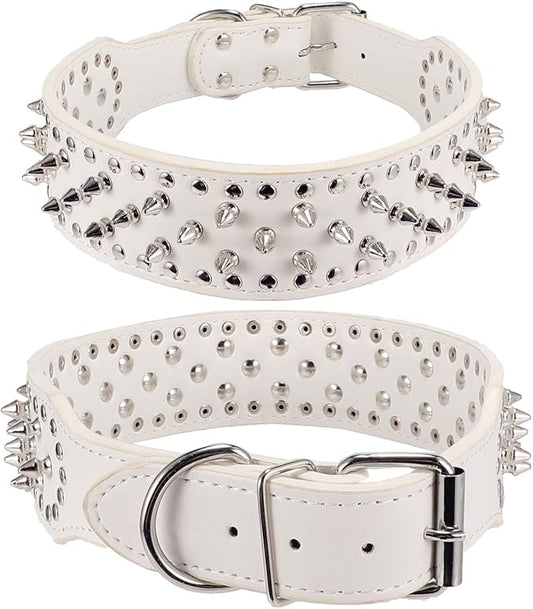 Hoot PU Leather Adjustable Spiked Studded Dog Collar 2" Wide 43 Spikes (L(Neck 21"-24"), White)
