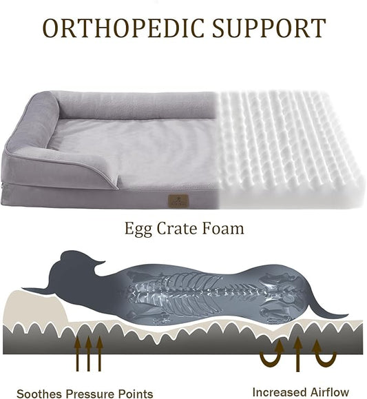 Bedfolks Orthopedic Dog Bed, Waterproof Dog Sofa Bed for Small Dogs & Cats, Egg Foam Pet Couch Bed with Removable Washable Cover and Nonslip Bottom, Light Grey