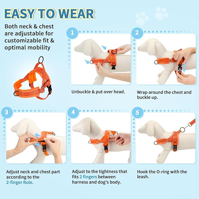Lukovee No Pull Dog Harness and Leash Set, Soft Padded Small Dog Harness, Neck & Chest Adjustable Reflective Vest Puppy Harness with 4ft Lightweight Anti-Twist Dog Leash for Small Dogs (Orange, XS)