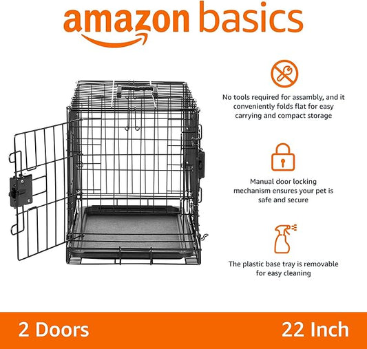 Amazon Basics - Durable,Foldable Metal Wire Dog Crate with Tray, Double Door, Divider, 22 x 13 x 16 in, Black