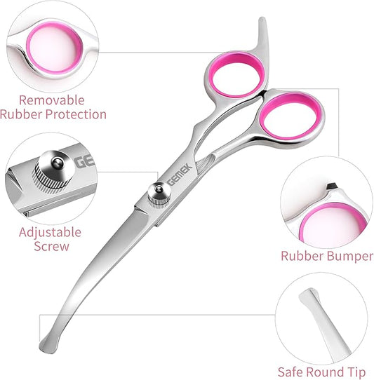 GEMEK Dog Grooming Scissors with Safety Round Tips Stainless Steel Professional Dog Grooming Kit - Thinning, Curved Scissors and Comb for Cat Pet (Pink 4 in 1)