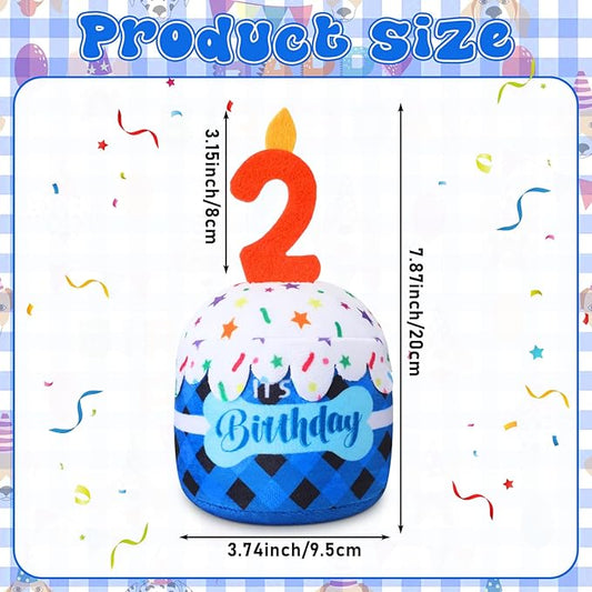 Dog 2nd Birthday Cake Toy Accessories for Girl Boy Gifts, Blue Grid Squeaky Plush Toy for Dog Birthday Party Decor Favor for Large, Medium and Small Dogs