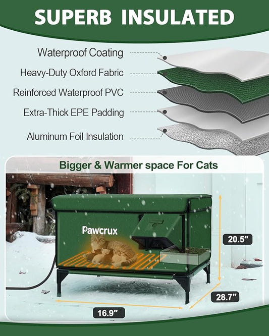 Heated Cat House for Outdoor Cats, Waterproof Insulated Outdoor Cat House with Heating Pad, Weatherproof Elevated Heated Cats House for Outside Feral Cats (Green, 29" L x 17" W x 20" H)