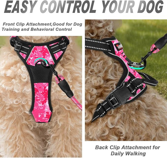 BARKBAY No Pull Dog Harness Front Clip Heavy Duty Reflective Easy Control Handle for Large Dog Walking(Pink camo,XS)