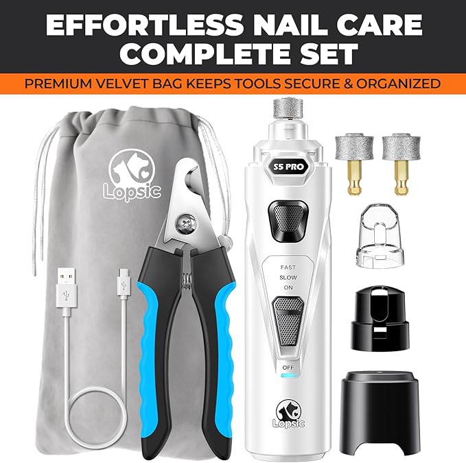 Dog Nail Grinder with 2 LED Lights Powerful 2 Speeds Super Quiet Dog Nail Trimmers with 3 Grinding Wheels Rechargeable Pet Dog Nail Clippers for Large Medium Puppy Dogs Dog Nail File Cat Nail Clipper