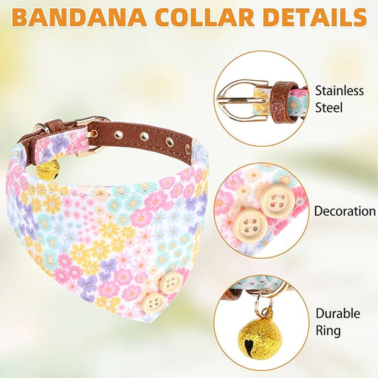 KOOLTAIL Small Dog Collar and Leash Set with Bowtie and Bells - Puppy Collar and Leash for Boy or Girl with Flower Matching Pattern, Soft Leather Tangle Free Leashes for Small Dogs,Cats