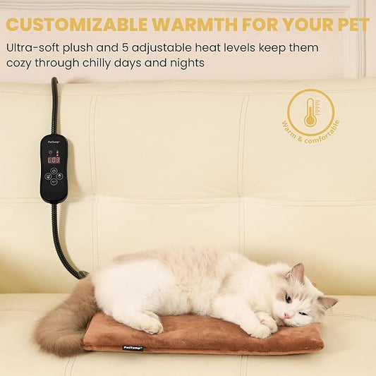 PetTemp Cat Heating Pad, Heated Cat Bed with 5 Heat Levels, Timer & Auto Shut-Off, Waterproof Warmer with Thick Fleece Cover, Chew-Resistant Cord, for Indoor & Sheltered Outdoor Use, 16" x 13"
