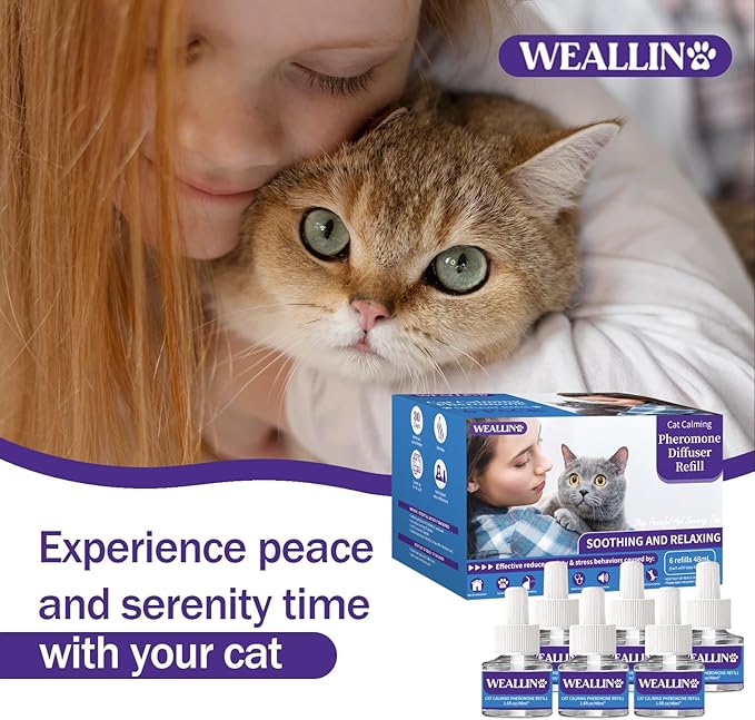 WEALLIN 6 Pack Cat Calming Diffuser Refills - Cat Pheromones Calming Diffuser Refill Relieve Anxiety & Stress 6 Month Supply, Cat Pheromone Diffuser Refills (Fits All Common Diffuser Heads)