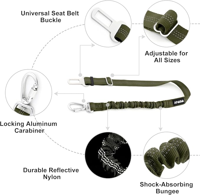 APakBak Dog Seat Belt for Car, Adjustable Dog Car Harness Seatbelt for Small Medium Large Dogs, Heavy Duty Travel Safety Restraint with Locking Aluminum Hook & Reflective Nylon Strap, Ranger Green