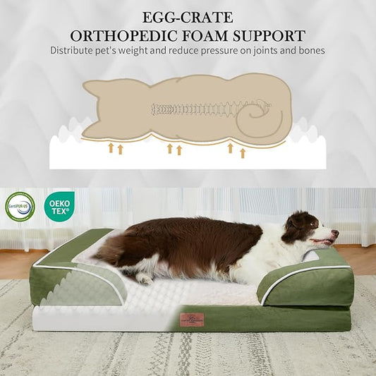 Comfort Expression Orthopedic Dog Bed for Large Dogs 38x25 Inch, Waterproof Supportive Egg Crate Foam Large Pet Bed with Removable Bolster, Dog Couch with Washable Cover & Non-Slip Bottom, Light Green