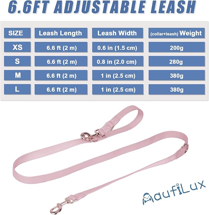 Soft Leather Dog Collar and Leash (6.6') Set - Stylish Rose Gold Heavy Duty Metal Buckle, 4 Adjustable Lengths Leash for Small Medium Large Dogs - Comfortable & Easy to Clean Pink S(12.2"-16.9")