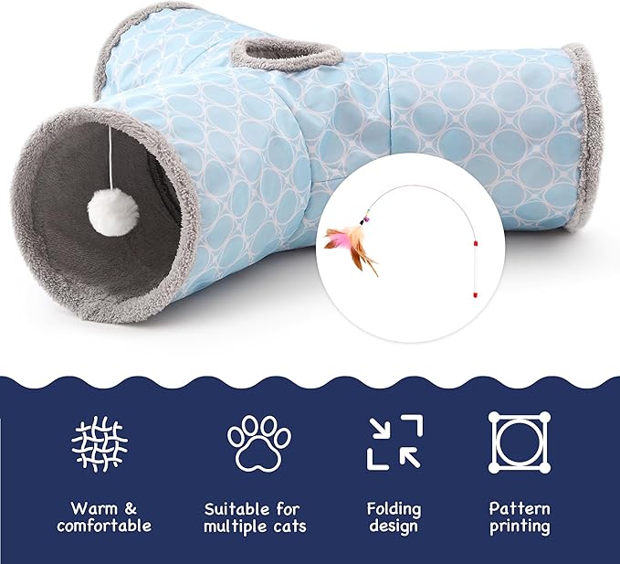 Tempcore Cat Tunnels for Indoor Cats Fleece-Lined in for Warmth, Pet Tube Toys 3 Way Collapsible, Pet Play Tunnel with Peek Hole Toy Ball for Kitty, Kitten, Rabbit, Geometry Blue