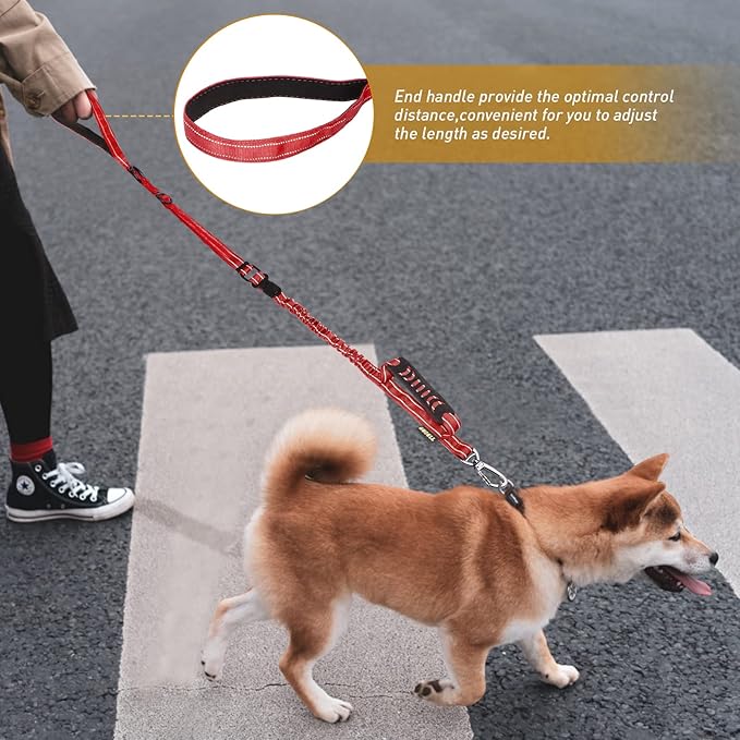 AUBELL Tactical Dog Leash Heavy Duty,4-6ft Reflective Strong No Pull Bungee Leash for Medium Large Dogs with Comfortable Padded Double Handle,Car Seat Belt,360 Degree Rotating Carabiner,Red