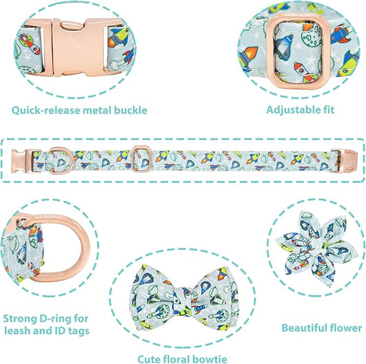 Dog Collar and Leash Set Adjustable Girls Puppy Floral Collars with Bow Tie for Small Medium Large Dogs(M, Rocket)