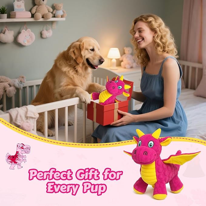 BBeary Squeaky Dog Toys - Soft Plush Dragon Dog Toy with 5 Squeakers & Crinkle Paper, Dog Toys for Small, Medium and Large Dogs (Pink,10")