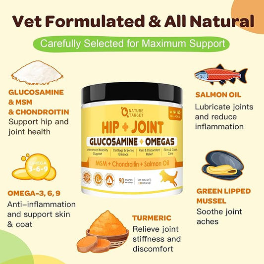 NATURE TARGET Glucosamine for Dogs, Joint Supplement for Dogs, Chondroitin, MSM, Turmeric, Omega 3, Support Hip & Joint Mobility - Dog Joint Pain Relief for Small & Large Breed, 9.52 Oz