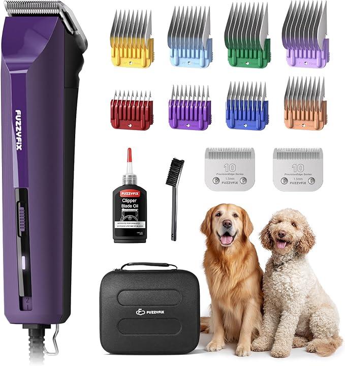 AmpFix Professional Dog/Pet Grooming Clippers - 2-Speed Heavy-Duty Motor, 2 Detachable Blade 8 Metal Combs, 10ft Cord, Runs Cool & Quiet, Anti-Slip Shatter-Proof Housing for All Animal Coats