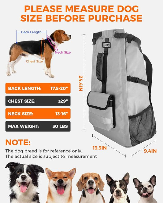 FOXFOCUS Dog Backpack Carrier for Medium Dogs - 4-Layer Protection, Under 30 lb, Waterproof, Adjustable Dog Travel Bag with Storage Pockets, Reflective Strips, Non-Slip Handle for Hiking - Grey