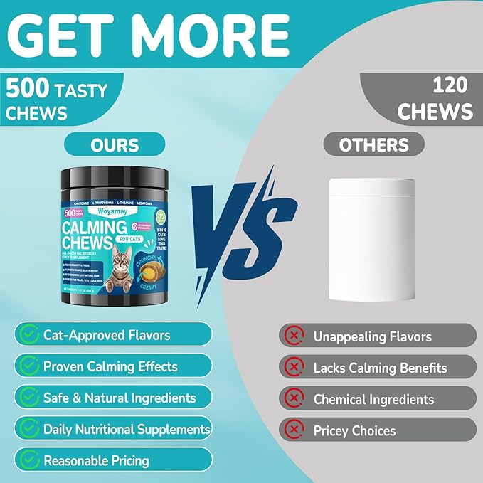 Woyamay Cat Calming Treats, 500 Crunchy & Creamy Calming Chews for Cats, Natural Calming Cat Treats to Manage Stress & Anxiety, Tasty Calm Chews Supplement, Chicken Flavor