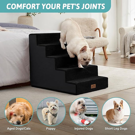 COZY KISS Dog Stairs for Small Dogs 5-Step, 19.7" Extra Wide Right-Angle Pet Stairs for Couch and Beds, Anti-Slip Dog Steps for Old Cats and Lowrider, 19.7x29.5x23.6 inch, Black