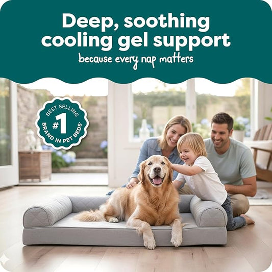 Furhaven Cooling Gel Dog Bed for Large Dogs w/ Removable Bolsters & Washable Cover, For Dogs Up to 95 lbs - Quilted Sofa - Silver Gray, Jumbo/XL
