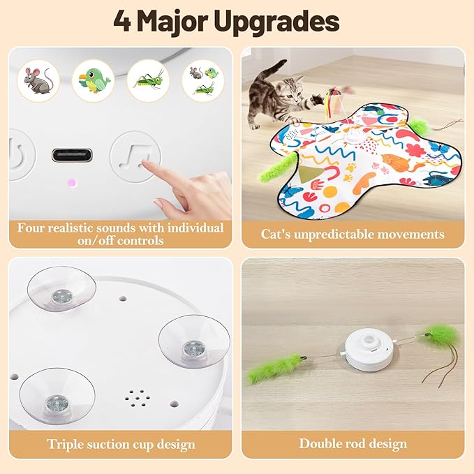 Interactive Cat Toys, Automatic Hide and Seek Cat Toys for Indoor Cats with 4 Lifelike Sounds, Touch Activated, Motorized Wand Feather, and Moving Butterfly for Bored Adult Kitten Cats