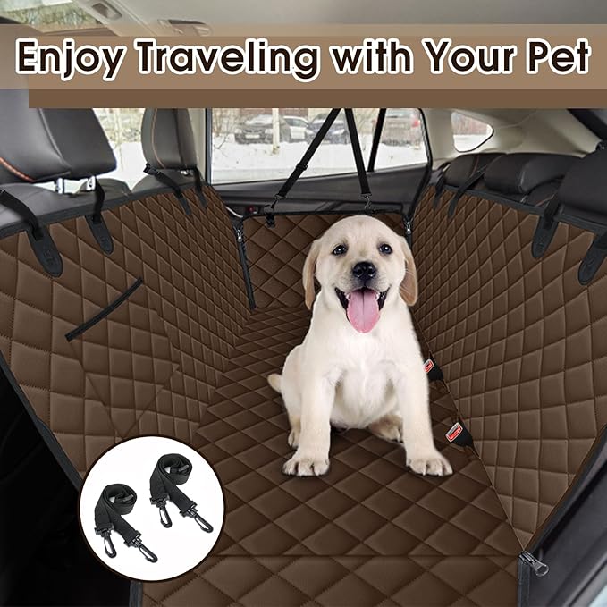 NECKORY Waterproof Dog Car Seat Cover for Back Seat - Durable, Scratch Proof Pet Hammock with Nonslip Design & Storage Pockets, Fits Cars, SUVs, Trucks - L, Coffee/Black