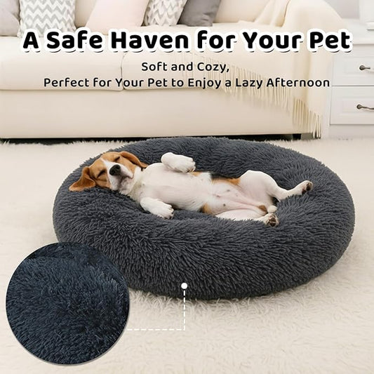 Large Donut Washable Dog Bed for Medium Size Dog, Round Calming Soft Cat Cuddler,Anti Anxiety Cozy Soft Sofa,Fluffy Faux Fur Plush Cushion-31''-Dark Grey