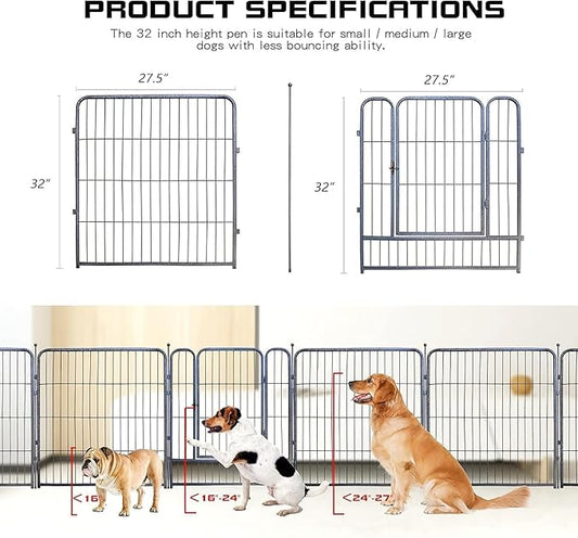 Dog Playpen,32/40/45 Inch Height in Heavy Duty, Folding Indoor Outdoor Anti-Rust Dog Exercise Fence, Portable Pet Playpen with Door for Large Medium Small Dogs and Pet (8 Panels, 32 Inch) Silver