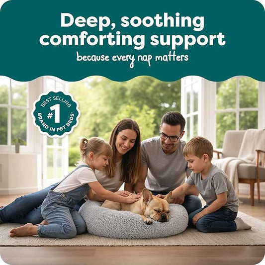 Furhaven 30" Round Calming Donut Dog Bed for Medium/Small Dogs, Refillable w/ Removable Washable Cover, Up to 45 lbs - Shaggy Plush Long Faux Fur Donut Bed -Mist Gray, Medium,30.0"L x 30.0"W x 10.0"Th